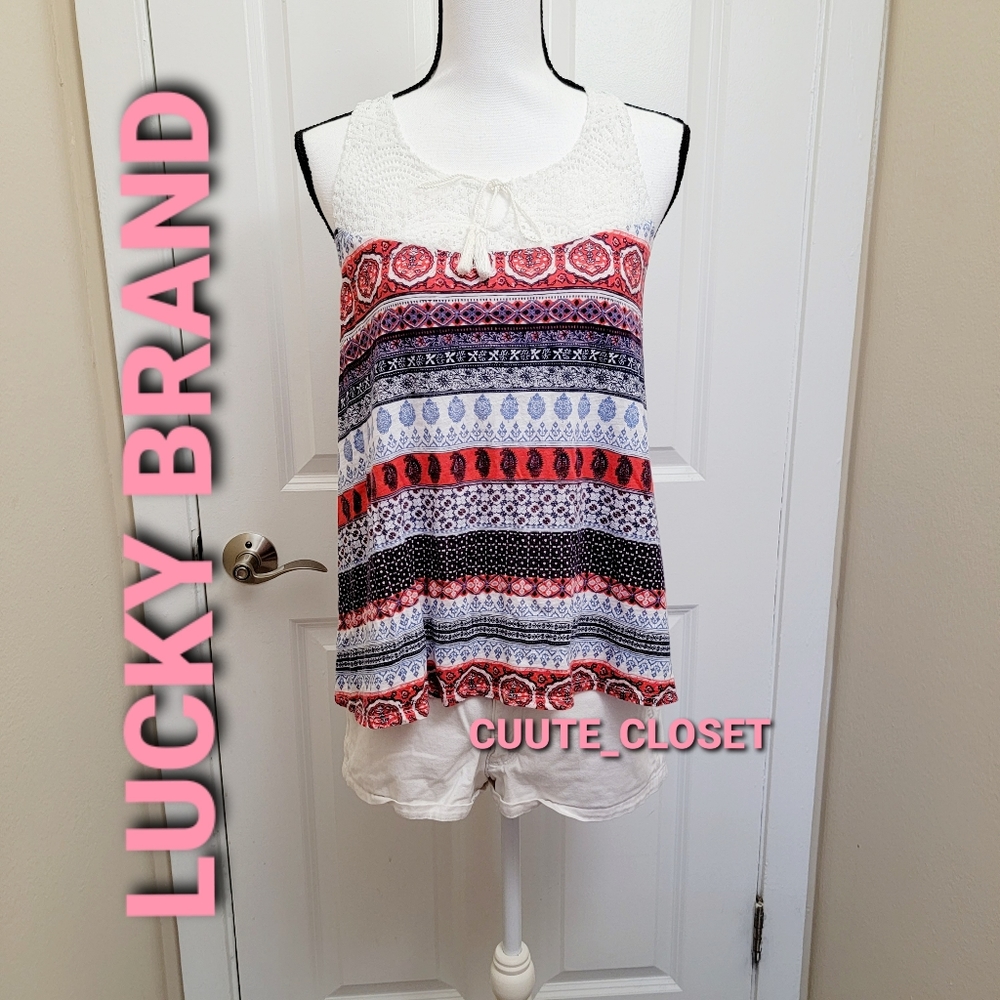 Lucky Brand keyhole multi print halted Crochet Sleeveless top